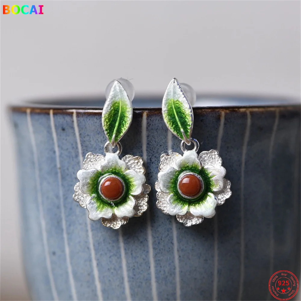 

S925 Sterling Silver Cloisonne Earrings Fashion South Rutile Peony Enamel Earstuds Pure Argentum Popular Jade Jewelry for Women