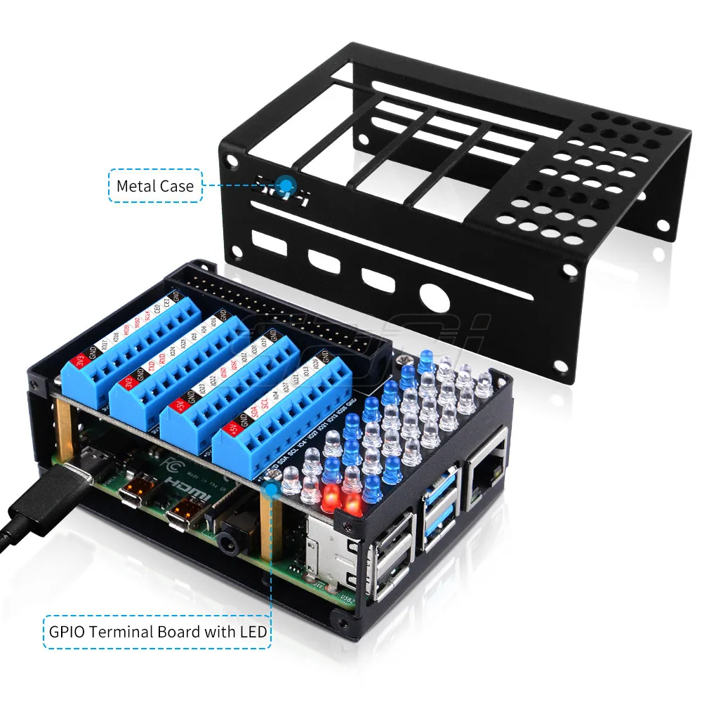 52Pi Raspberry Pi 4 Model B GPIO Terminal Board with LED Metal Case For Raspberry Pi 4B