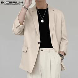 INCERUN Fashion Men Blazer Streetwear Solid Color Lapel 3/4 Sleeve One Button Leisure Suits Men 2023 Casual Thin Jackets S-5XL