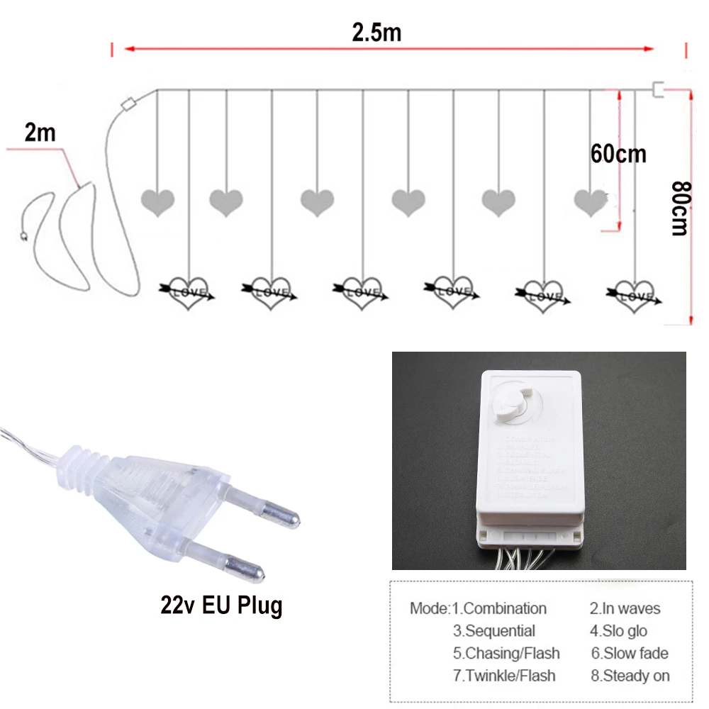 2.5M 로맨틱 하트 사랑 커튼 조명 미국/EU 플러그 크리스마스 요정 조명 문자열 발렌타인 데이 웨딩 홈 파티 장식
