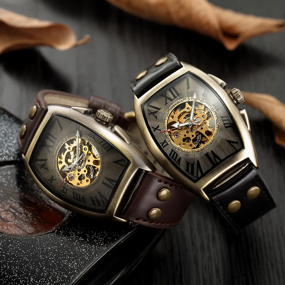 

Dropshipping 2020 Shenhua Fashion Skeleton Skull Watches Men Vitage Watches Men's Automatic Mechanical Watches Leather Watches