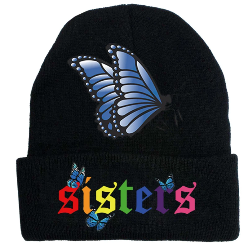 Black Knitted Beanie Sisters Butterfly hat Women's Cap Winter Warm Fashion Casual Skullies Beanies Bonnet gorro