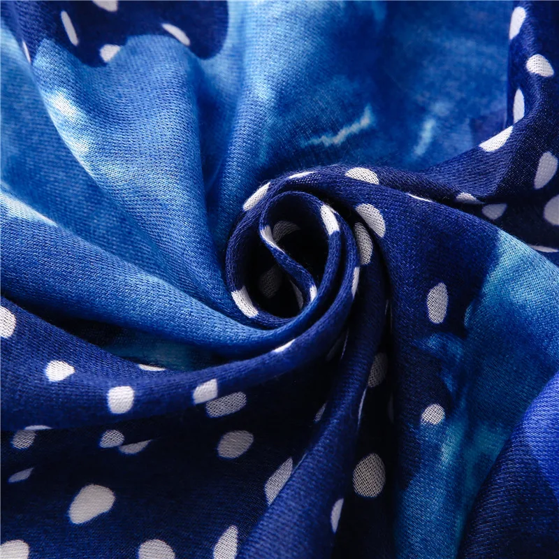 Fashion Navy Blue Dot Floral Tassel Viscose Hijab Shawls and Wraps Female Foulards Echarpe Brand Designer Muslim Sjaal 180*90Cm