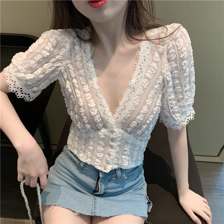 

Women Lace Trim Tops Heart V Neck Puff Short Sleeve Shirt Flower Striped Blouse Floral Transparent Women Sexy Crop Top Camisa