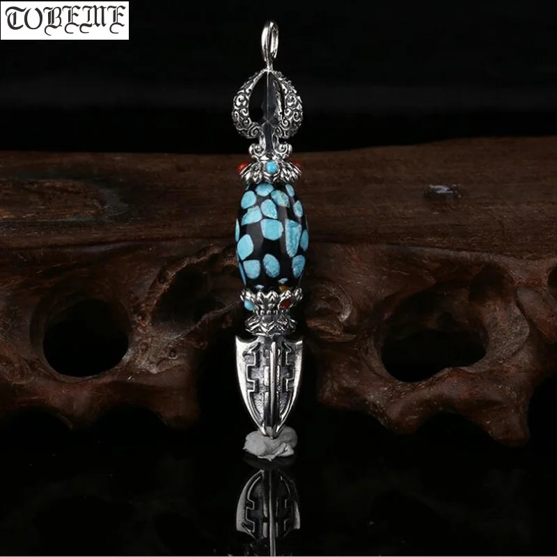 

100% 925 silver Turquoise Tibetan Pendant Tibetan Dorje amulet pendant vintage sterling Buddhist Pendant