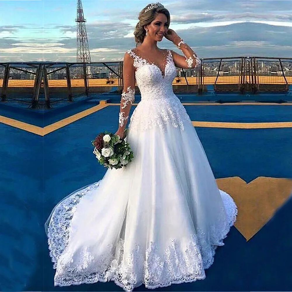 Robe de Mariée en Tulle à Manches sulf, Ligne A, Peau, Dentelle, Appliques, Patients, Sur Mesure, Perles, 2020