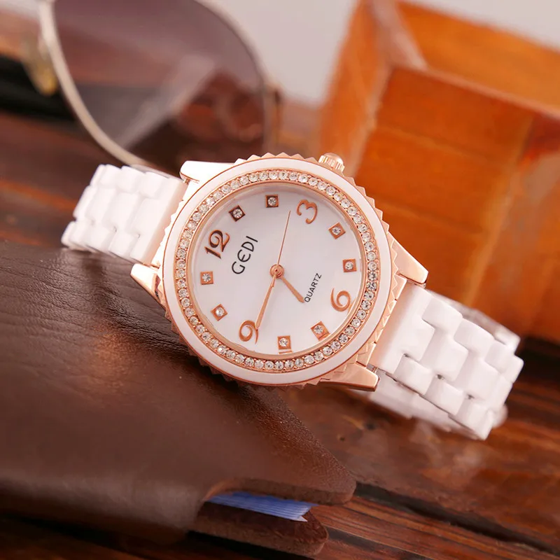 Korean Version of Ceramic Diamond-Studded White Watches for Women Waterproof Quartz Folding Buckle Casual Summer Wrist Watches