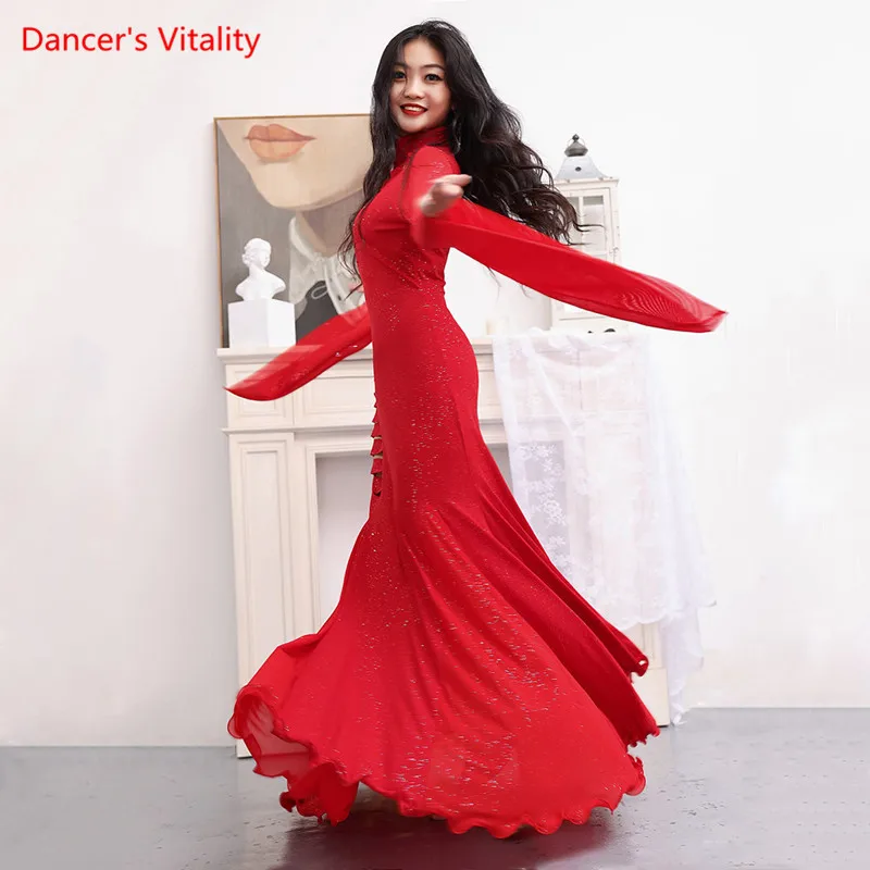 Belly Dance Dress Round Neck Sequins Long Skirt Flared Sleeves Competition Clothes Woman Elegant Performance Clothing