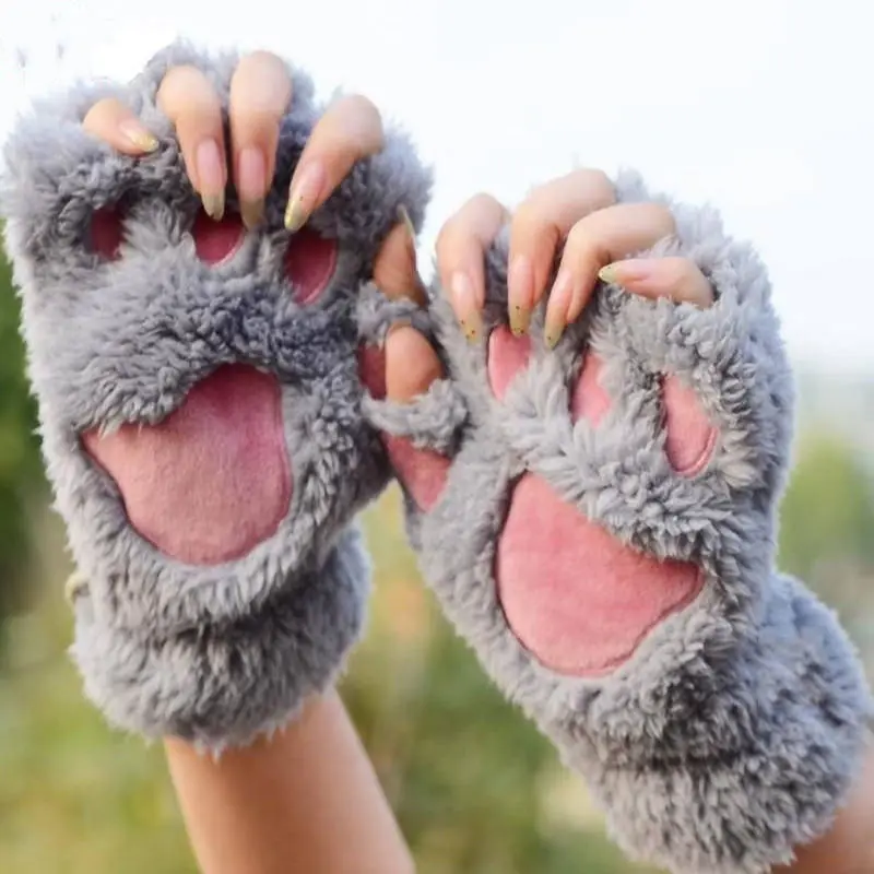 Winter Women Lovely Cat Claw Paw Plush Glove Half  Warm Finger Gloves Women Female Gloves Mitten