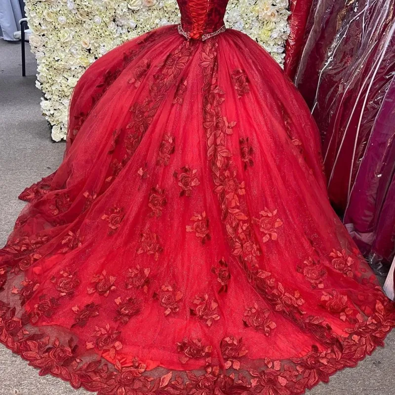 Precioso vestido rojo De quinceañera, apliques De flores sin hombros, 15 años, dulce vestido De baile De graduación 16