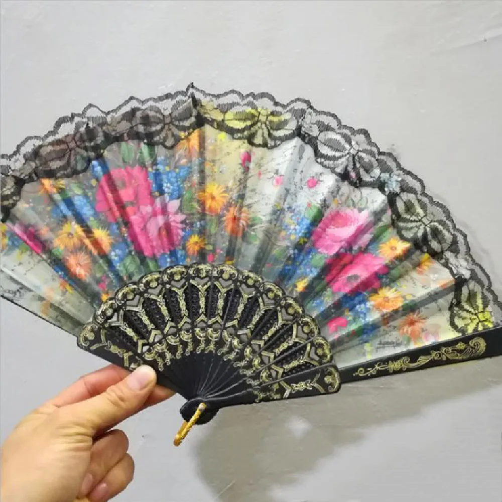 Flora / Oriental Dance Party Wedding Silk Black Lace Rim Floral Asian Chinese Japan Dance Hand held Folding Fan