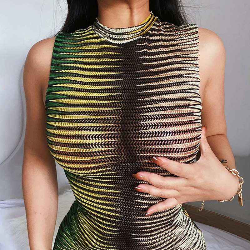 Female Clothing Streetwear Wholesale Items  Women Summer Sleeveless See Through Bodycon Striped Mini Dress Sundress