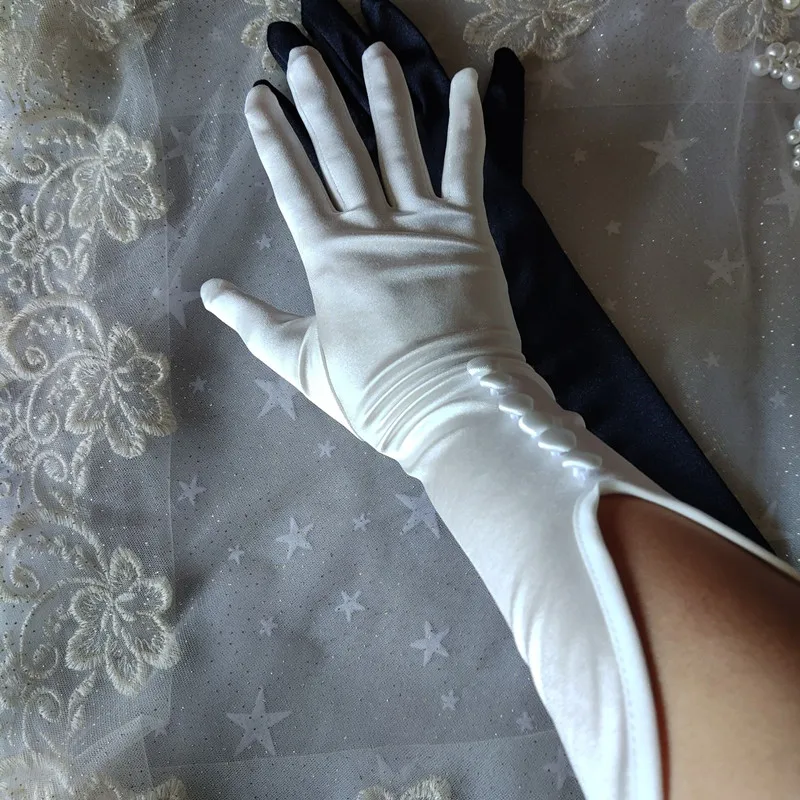 1 Pair Bride Bridal Wedding Gloves Black White Long Beaded Satin Gloves Elegant For Women Finger Gants Mariage Luvas De Noiva