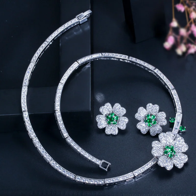 Pera Trendy Rose Red Cubic Zirconia Setting Lovely Flower Earrings and Pendant Necklace Sets for Women CZ Costume Jewelry J139