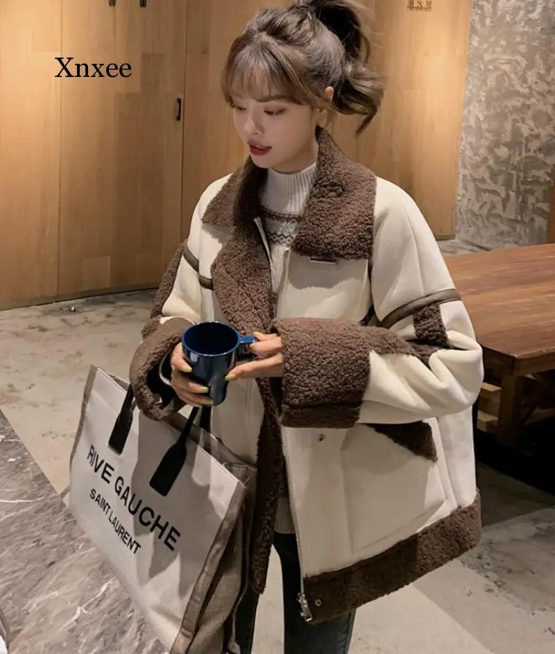 New Women Autumn Tide Loose Warm Top Korean White with Zipper and Fringe Turn-Down Collar Fashion All-Match Woolen Coat for