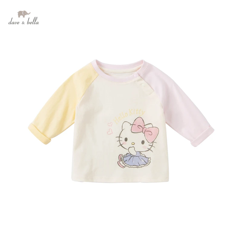 DBM19594 dave bella autumn baby girls cute cartoon letter print patchwork T-shirt children tops kids girl fashion tees