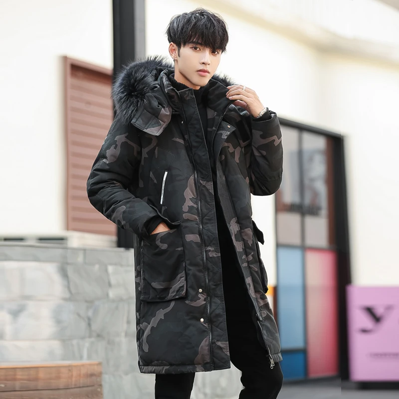 Winter men's trend thickened long down jacket big fur collar hooded down jacket run men's same style brand young man fashion