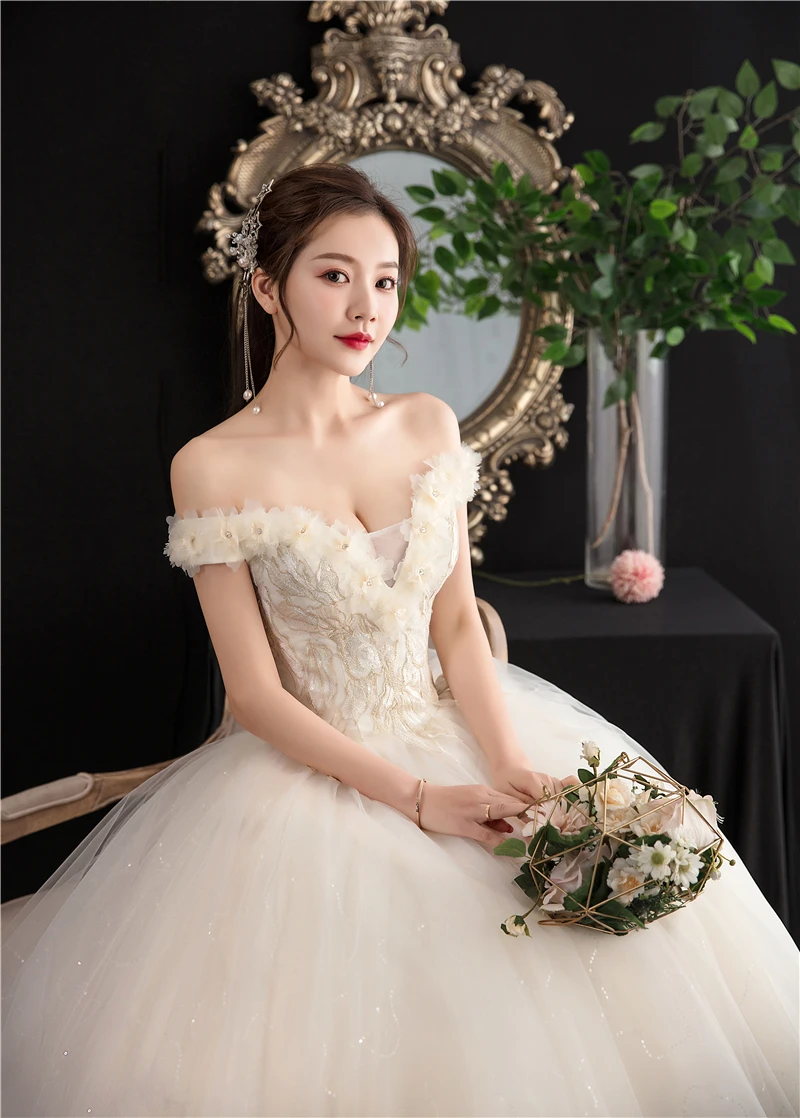 New Vestidos de Novia Sexy Off Shoulder Wedding Dress Sleeve Lace Embroidery Flowers Ball Gown Princess Plus Szie Bridal Dress