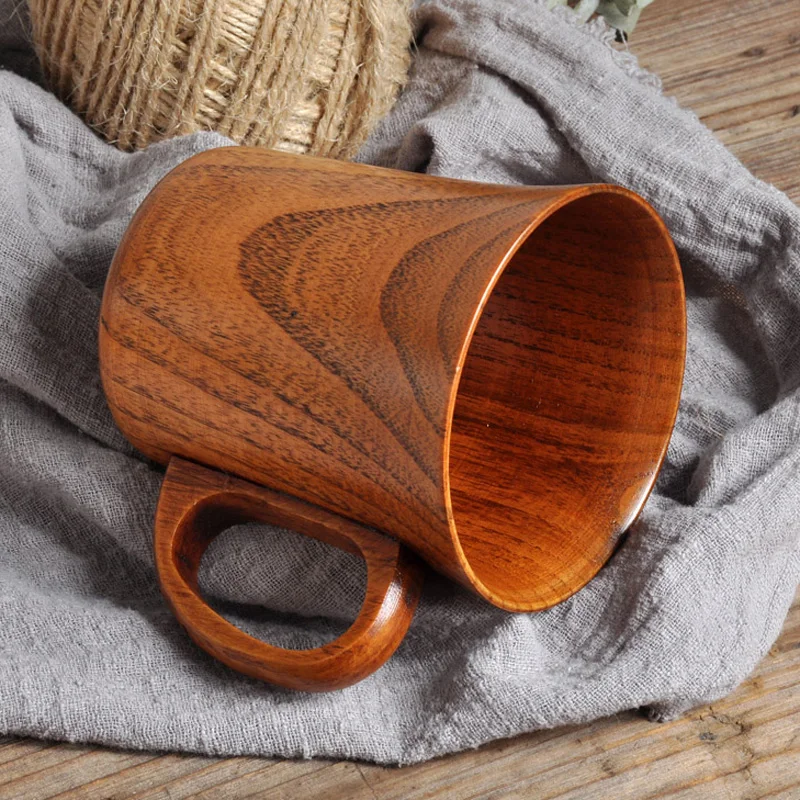 280ml Wood Coffee Mug Retro Hand-made Wooden Beer Mug Coffee Tea Cup with Handle Solid Wood Cups and Mugs Home Office Drinkware