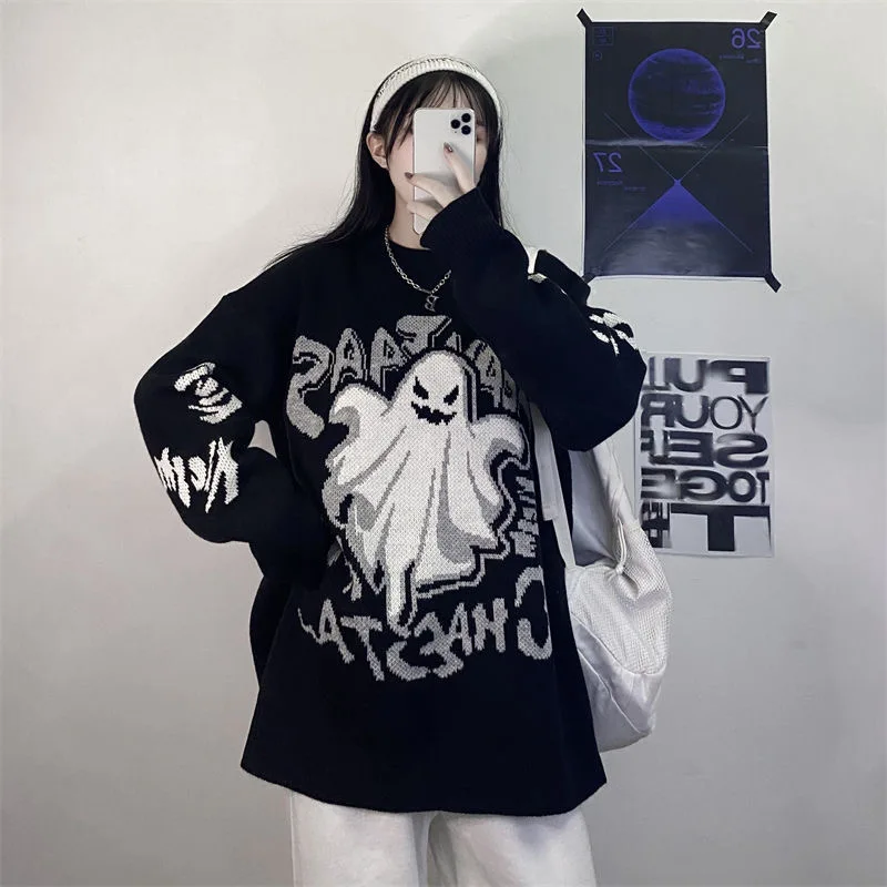 Ponadgabarytowy sweter z dzianiny z nadrukiem kreskówkowym, ciepły sweter na co dzień, sweter Horror, płaszcz vintage, wersja koreańska, moda na
