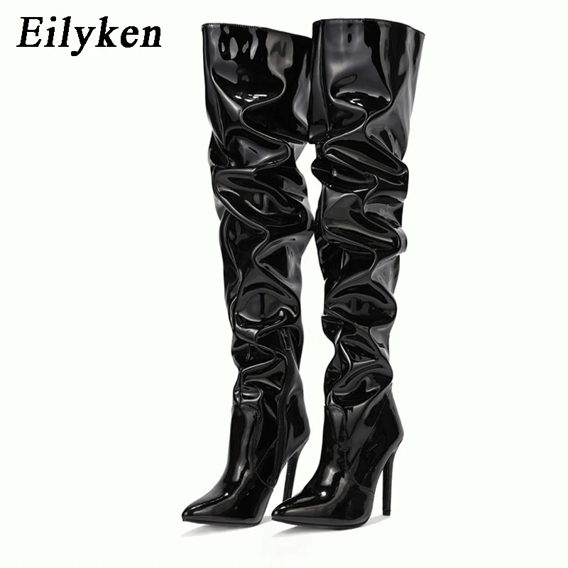 Eilyken 2024 New Thigh High Boots Fashion Patent Leather Pointed Toe Zip Female Stiletto Heels Pleated Design Women\'s Shoes