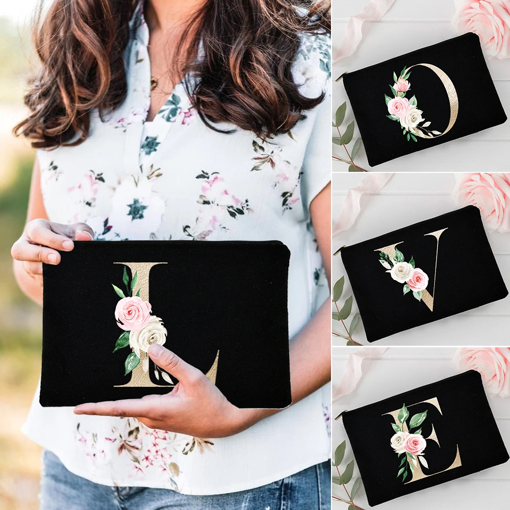 Golden Alphabet Flowers A-Z Cosmetic Makeup Bag Rose Print Toiletries Organizer Pouch Women Portable Travel Wash Storage Bags