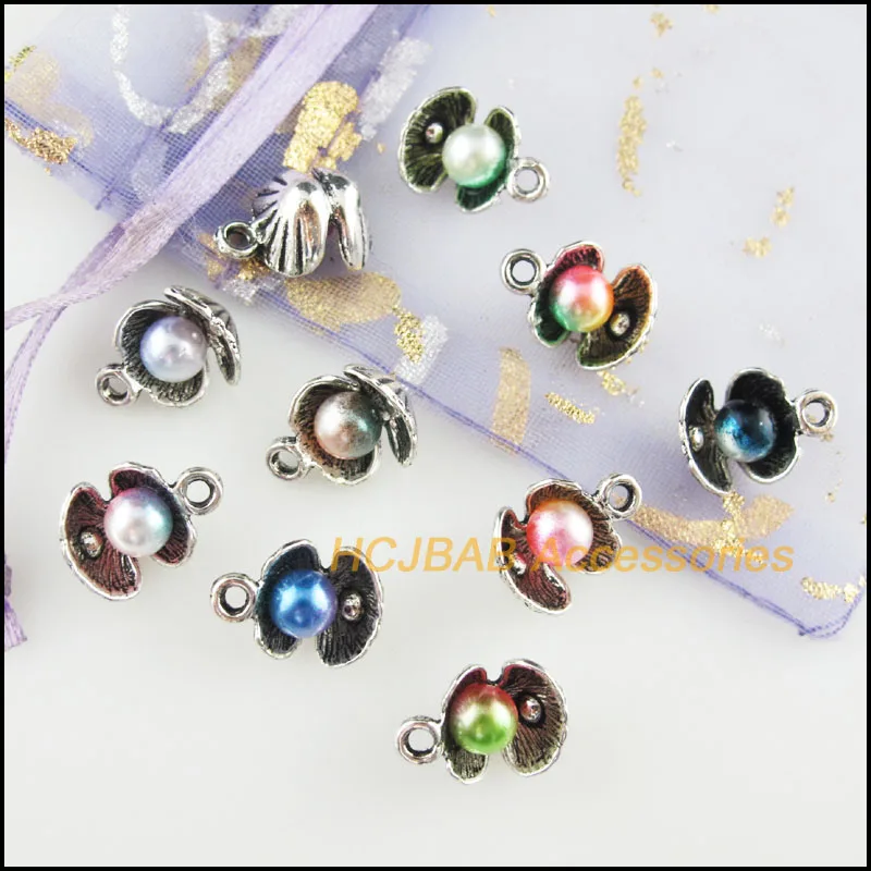 20Pcs Tibetan Silver Tone Shell Mixed Acrylic Conch Charms Pendants 10.5x14mm