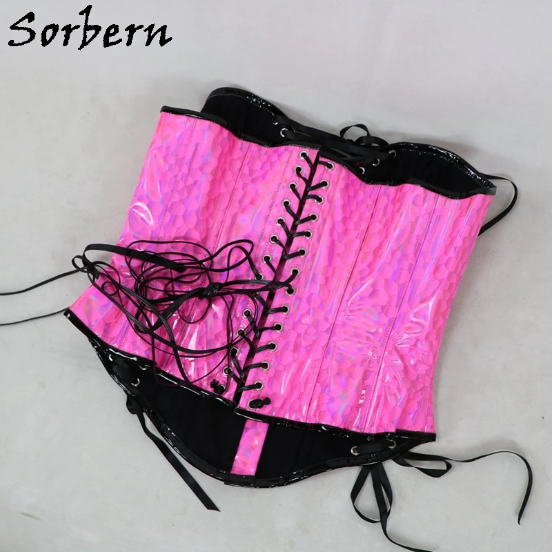 Sorbern Black Laser Women Corset Sexy Fetish U-Shaped Cup Support Breast Steel Bustiers With Corset Lace Up Back Hourglass