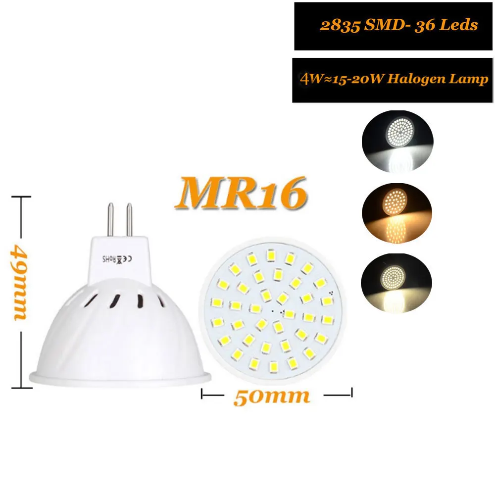 MR16 LED Diode Lamp 12V 24V 4W 6W 8W Ampoule LED Spotlight Bulb 110V 220V 36 54 72 LEDs SMD 2835 Chip High Lumen No Flicker