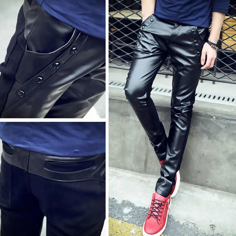 Fashion Leather Pants Mens Spring and Autumn Man Slim Fit Skinny Trendy Tight Male Riding PU Leather Motorcycle Pants Black