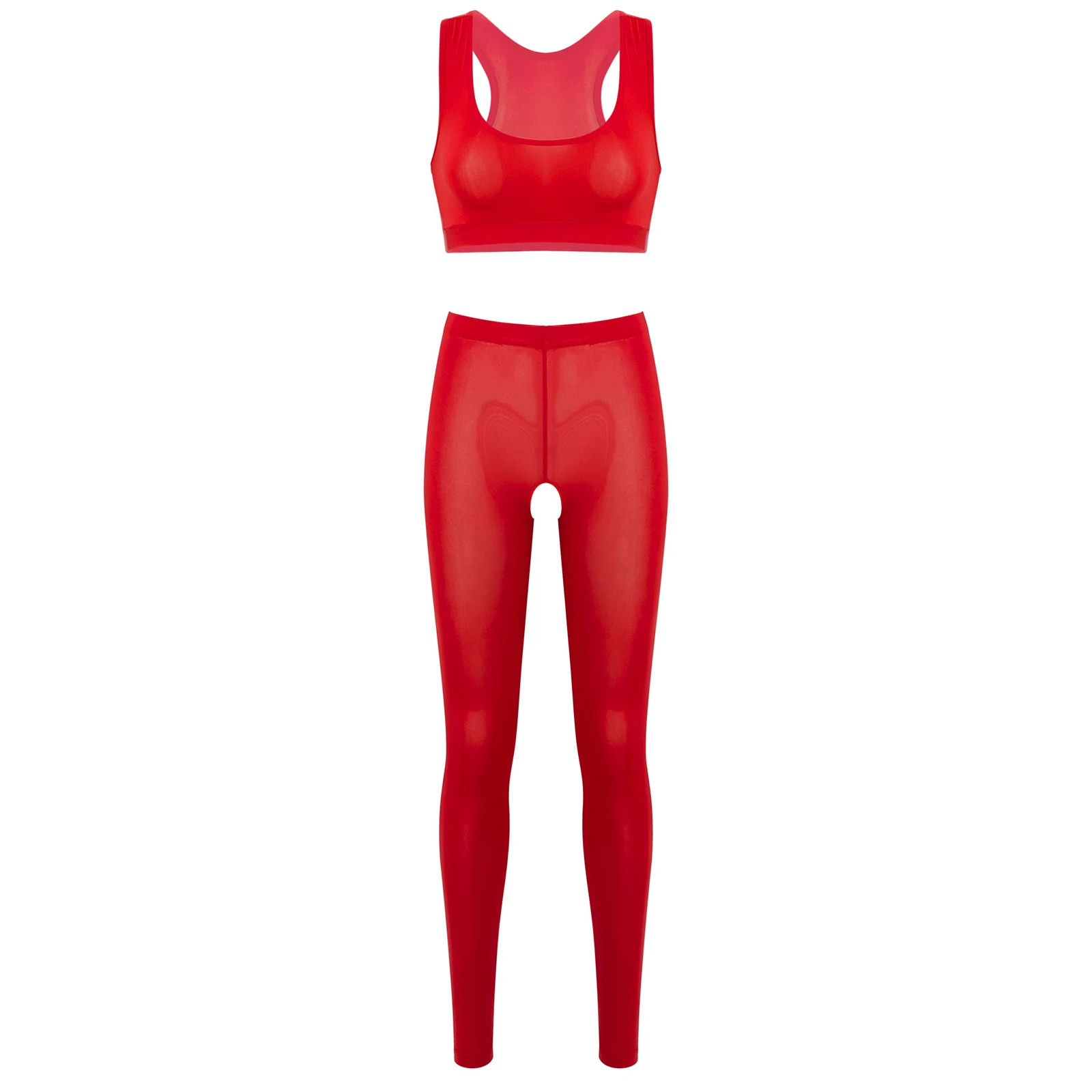 

See-through Lingerie Suit Sexy Womens Ultra Thin Vest And High Waist Open Crotch Pants Leggings Set for Tempting Nightwear