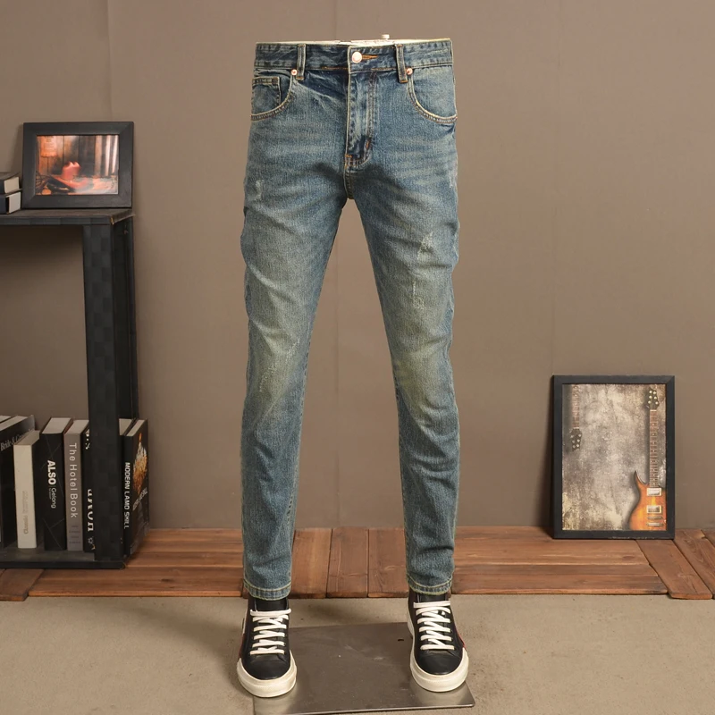 Vintage Blue Jeans Men Streetwear Casual Retro Slim Fit Denim Pants