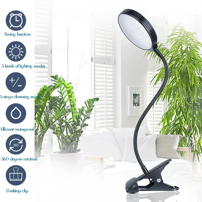 USB LED Grow Light for Indoor Plants with Timing, 1, 2, 3 Head, Gooseneck Clip, Plant Light, 5 Dimmable Levels, 3 Switch Modes