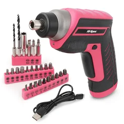 Hi-Spec Pink 3.6V Electric Screwdriver Rechargable Cordless Screwdriver Small Screw Gun USB Charge Powerful Electric Screwdriver