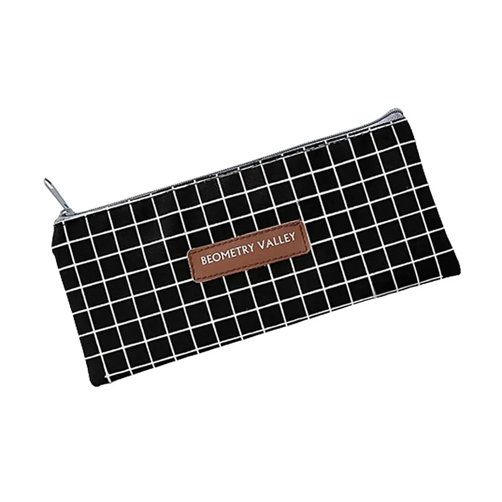 Plaid Dot Pattern Zipper Pen Bag Holder Pencil Case Stationery Storage Pouch