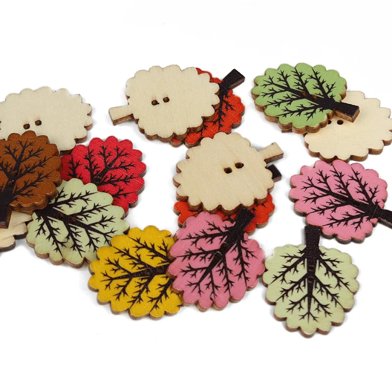 50pcs Leaves 2Hole Wooden Buttons Christmas for Child Sewing Scrapbook Clothing Decor Handwork Accessories Card DIY 32mm*25mm