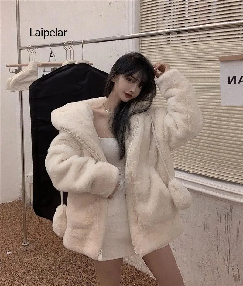 Nerazzurri Lente Pluizige Jas Met Konijn Oren Raglanmouwen Rits Oversized Licht Zachte Harajuku Kawaii Faux Fur Hoodie 2021