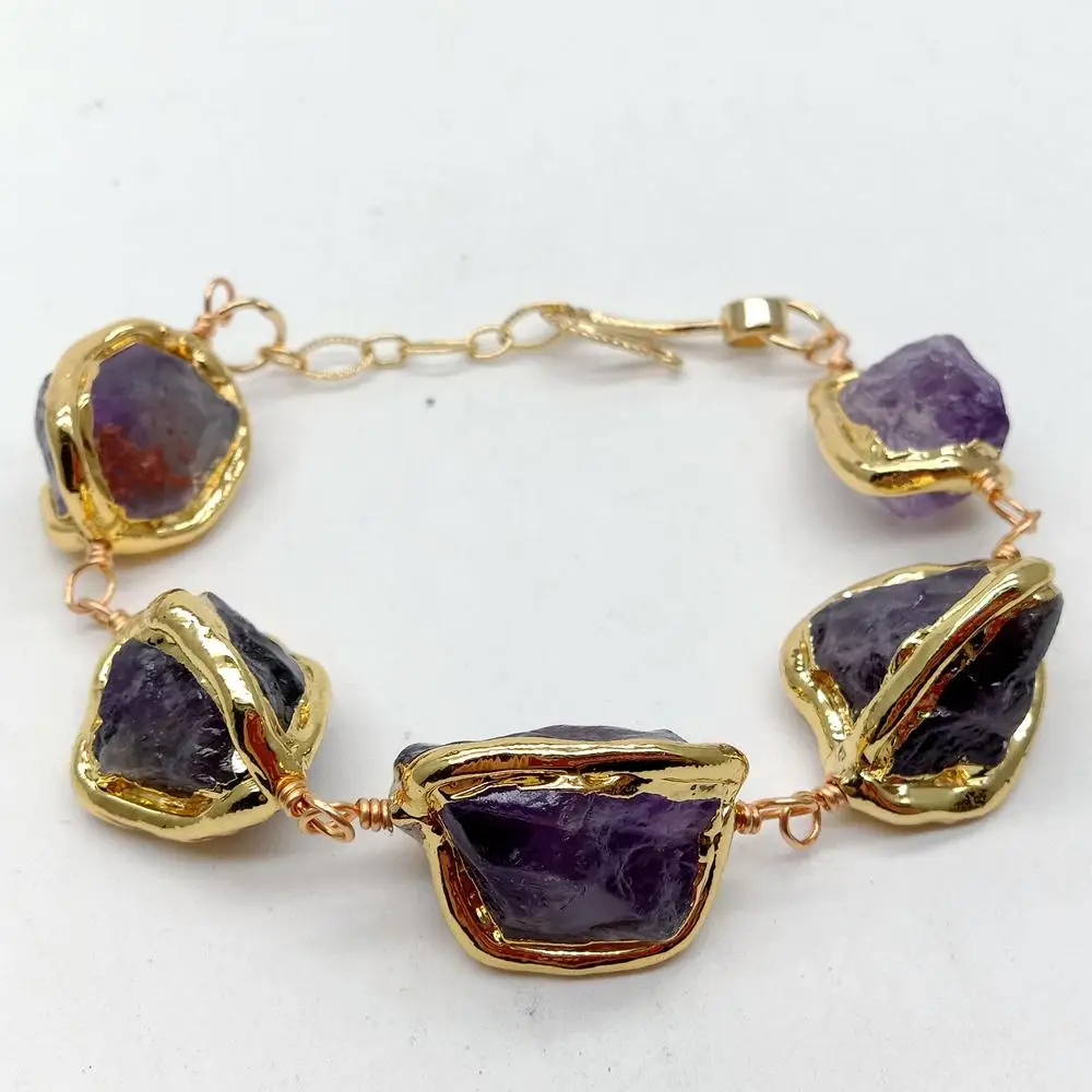YYGEM Natural Purple Amethyst Rough Nugget With Electroplated Edge Wrap Bracelet 8\