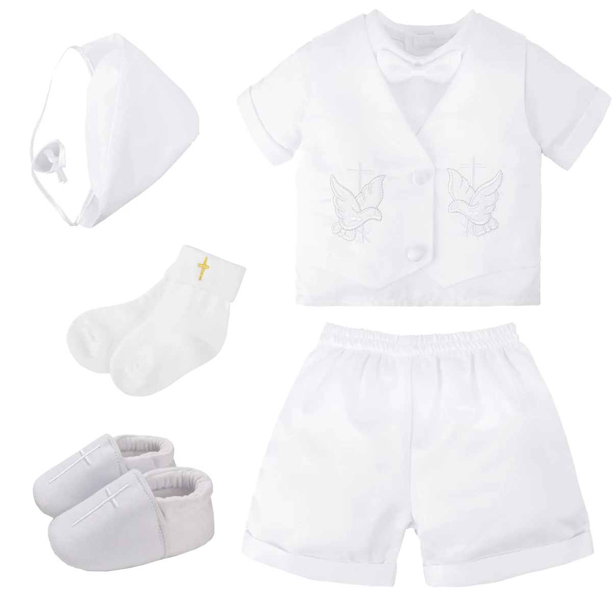 Baby Boys Baptism Suits Infant White Cartoon Dove Newborn Short Sleeve Bow Tie Tops+Shorts+Vest+Hat Christening Clothes Costume