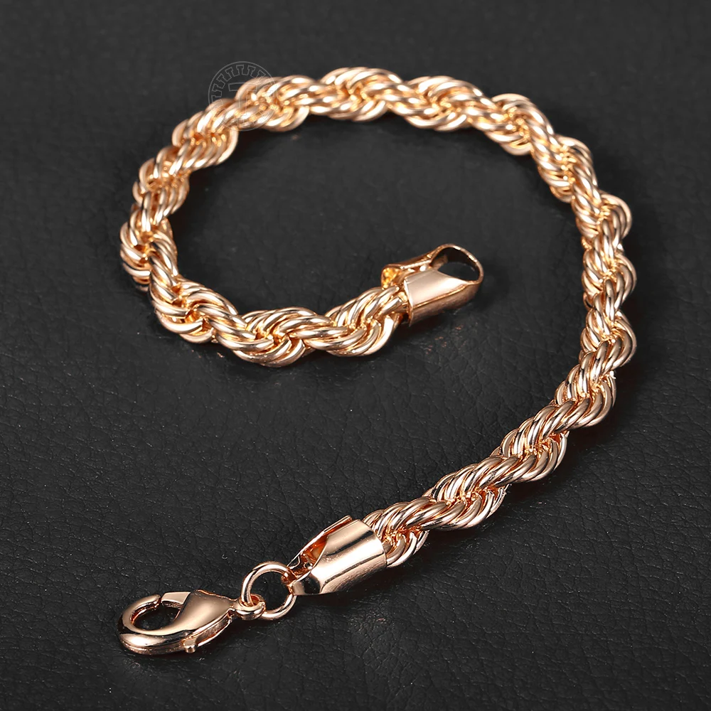 5/6mm 585 Rose Gold Color Bracelet Wave Twisted Rope Link Chain for Women Men Jewelry Party Wedding Trendy 2020 New CB47