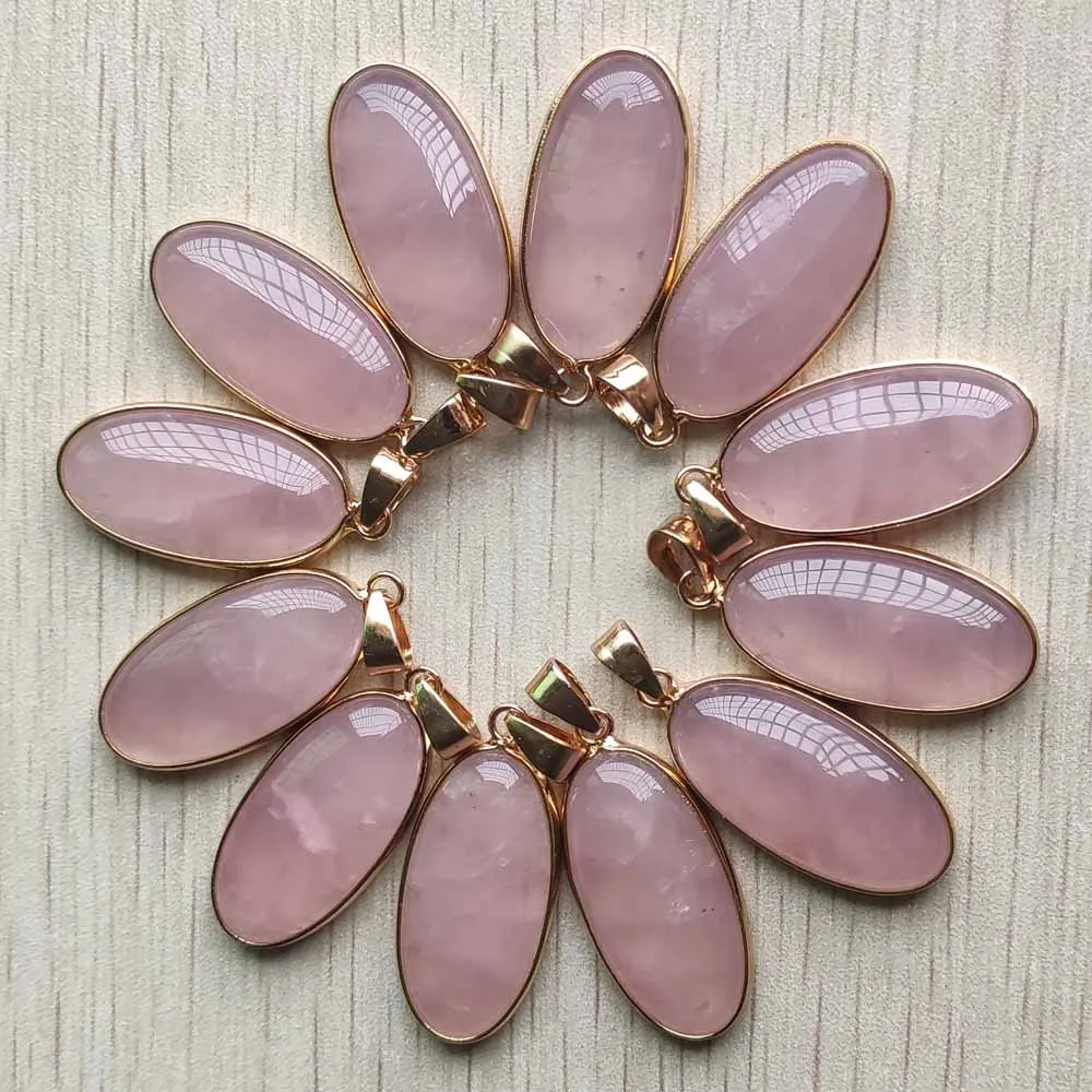 Good quality pink natural quartz stone gold color side oval shape pendants for jewelry making free shipping Wholesale 12pcs/lot