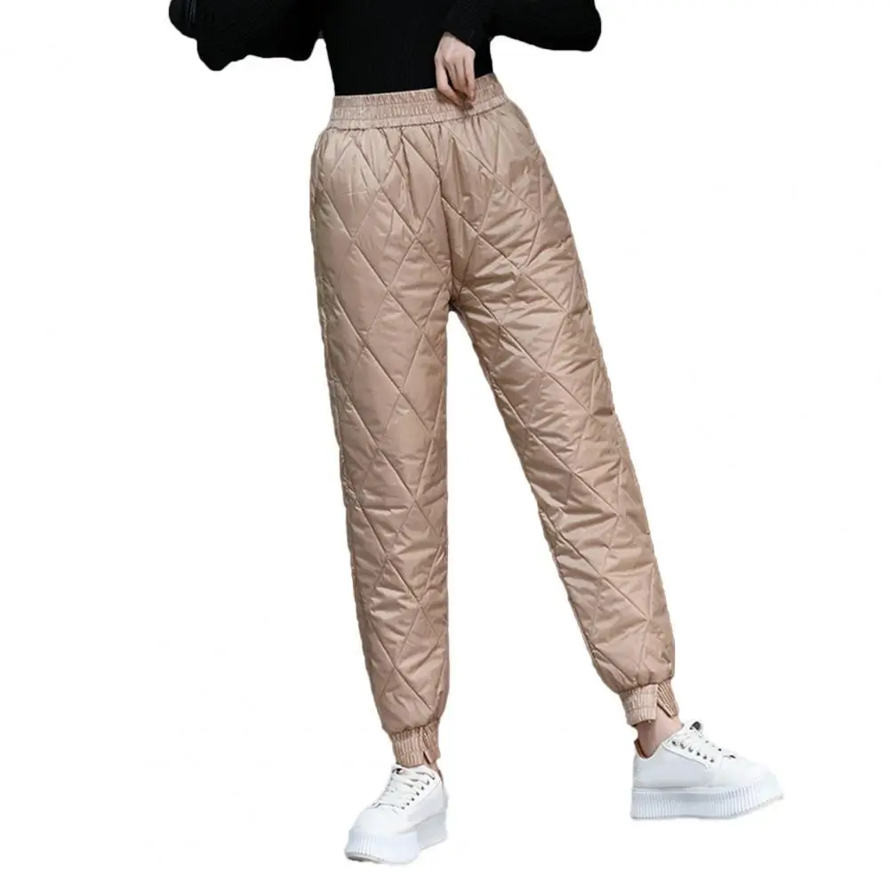 Slant Pockets Rhombus Pattern Elastic Waist Women Pants Split Elastic Cuffs Solid Color Straight Quilted Trousers for Daily Wear