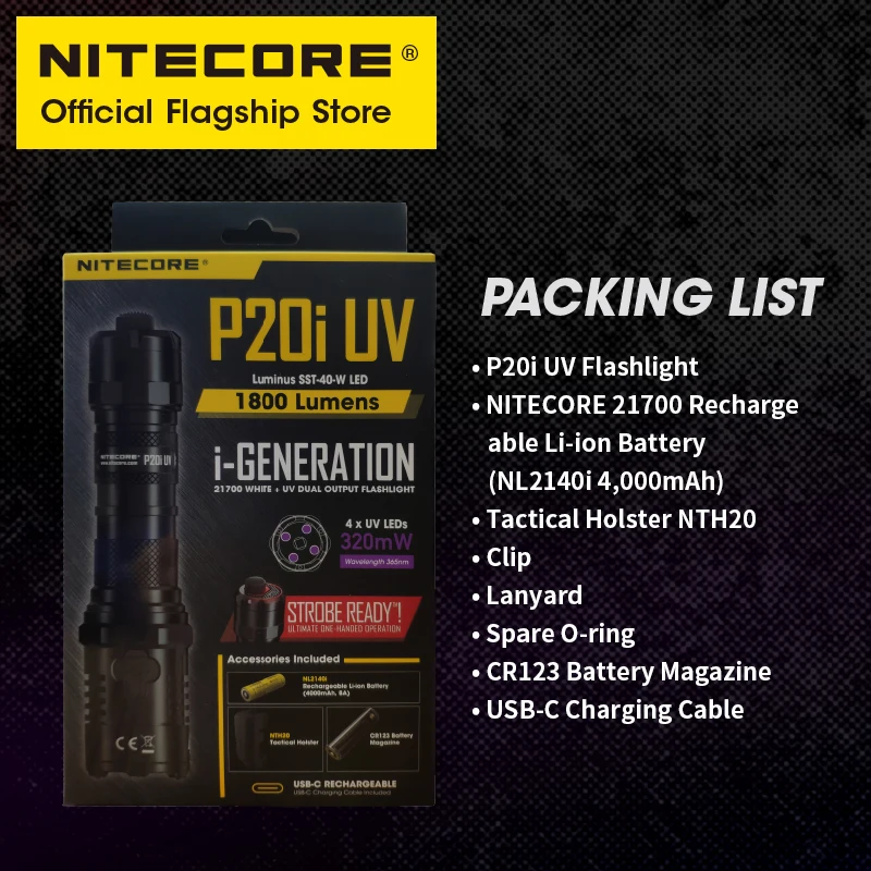 NITECORE P20i UV 1800 Lumens Self DefenseTactical Flashlight Rechargeable Dual Light Source UV Searchlight With NL2140i Battery