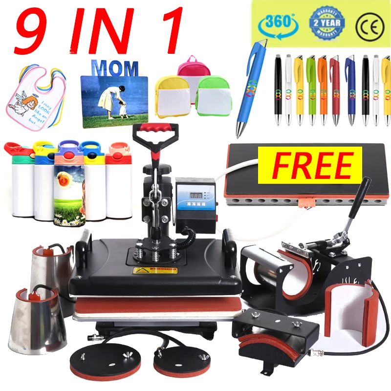 30*38CM 9 in 1 Combo Heat Press Machine Sublimation Printer 2D Thermal Transfer Pen Cloth Cap Mug Plate T-shirt Printing Machine