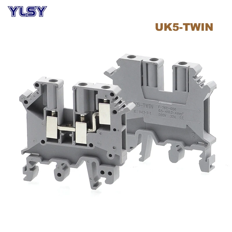 5Pcs Din Rail Dual Row Screw Terminal Blocks UK5-TWIN Morsettiera Electrical Wire Double Terminals Block Connector 32A 4mm2