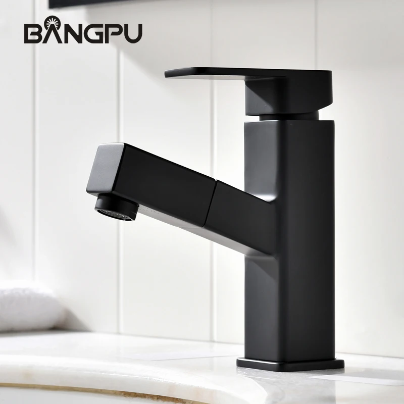 

BANGPU Black Basin Faucet Pull Out Sink Faucet 1 Hole Bathroom Faucet Bathroom tap Basin Sink Faucet Single Handle Deck Mounted