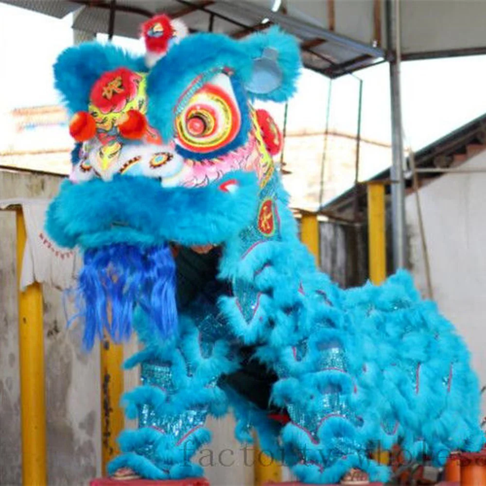 

Handmade Chinese Folk Art Blue Lion Dance Mascot Costume Wool Southern Lion Two Adult Clothes Advertising Carnival Halloween New