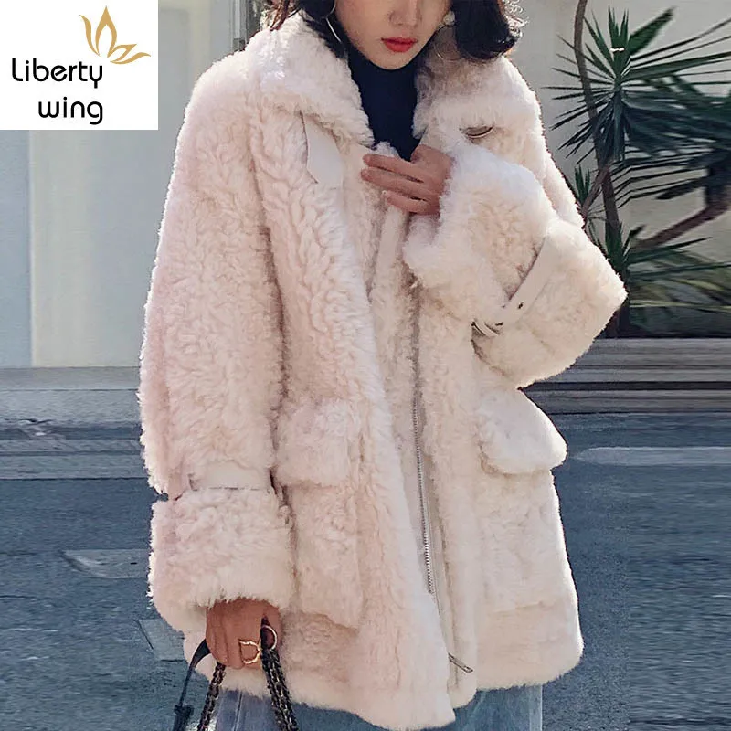 Luxury High Quality Womens Sheep Shearing Medium Length Winter Thick Warm Real Lambswool Fashion Loose Outerwear Coats