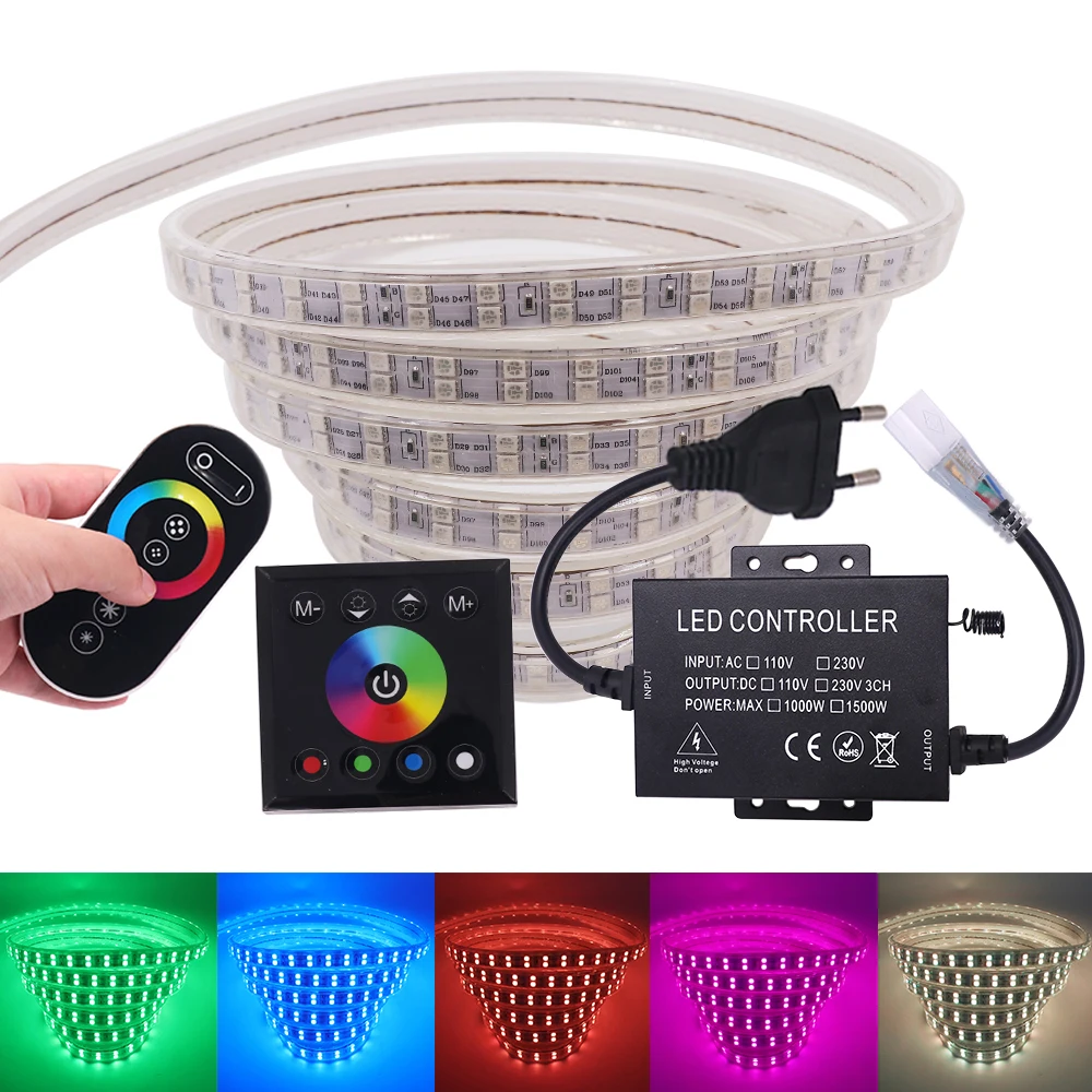 5050 RGB LED Strip Light Wall Touch 220V Remote Control 24key Kit 120LED/M Double Row Waterproof Flexible Led Ribbon Decoration