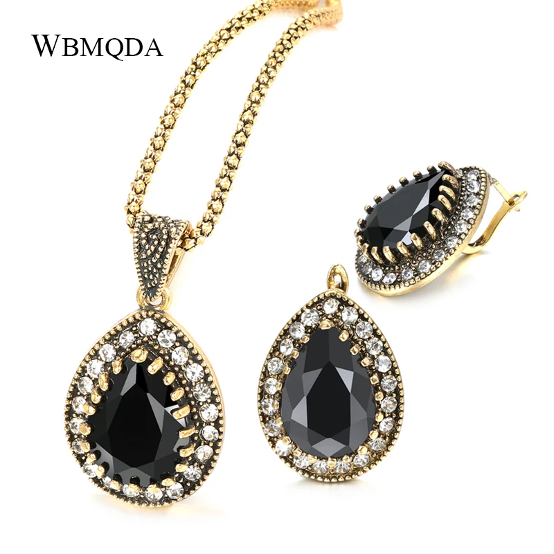 Wbmqda 2020 Ethnic Turkish Jewelry Sets Black Stone Earrings Necklace For Women Antique Gold Crystal Vintage Wedding Jewelry